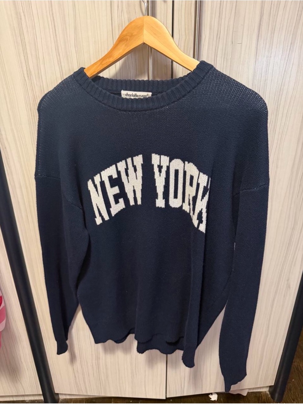 Charlotte Russe Navy Sweater with White "NEW YORK" Graphic